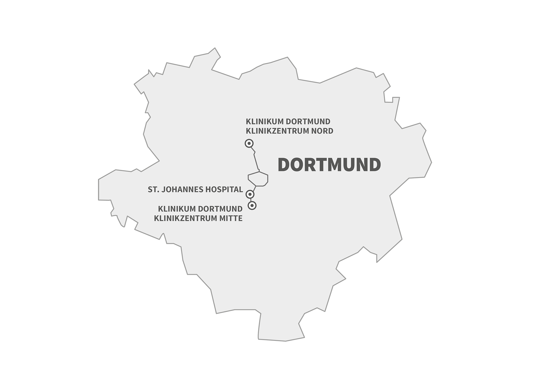 Das Bild zeigt die Umrisse von Dortmund als Map, auf der die drei Standorte der Kooperationspartner vom Lungenkrebszentrum eingezeichnet sind.